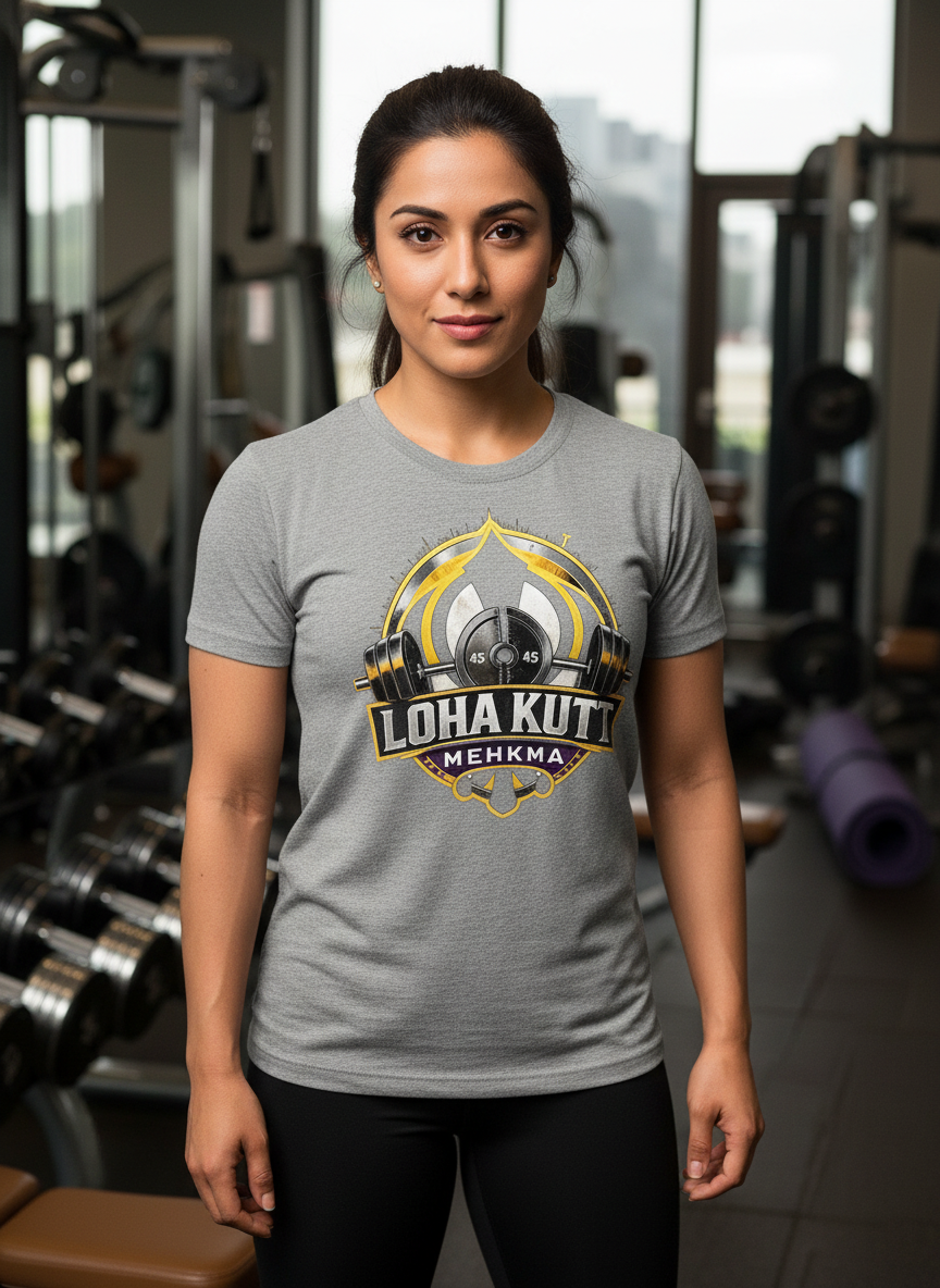 Loha Kutt Mehkma Gray T-Shirt with Punjabi Female Model in Gym