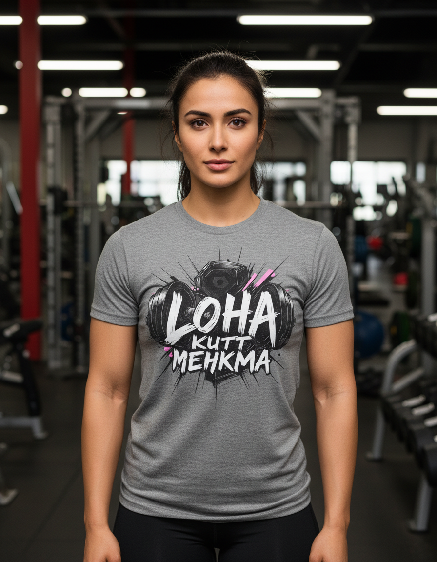 Loha Kutt Mehkma Gray T-Shirt with Punjabi Female Model - Smooth Arms