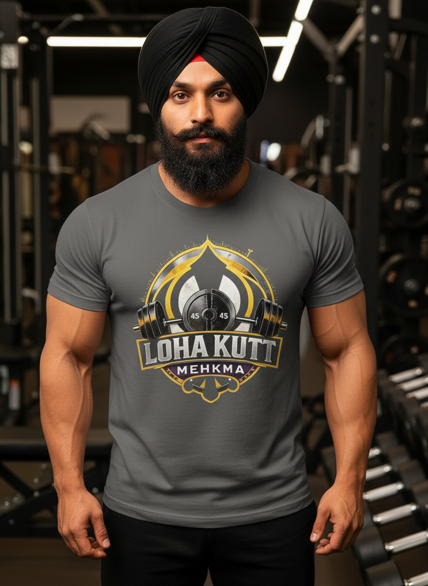 Loha Kutt Mehkma Gray T-Shirt with Punjabi Muscular Male Model