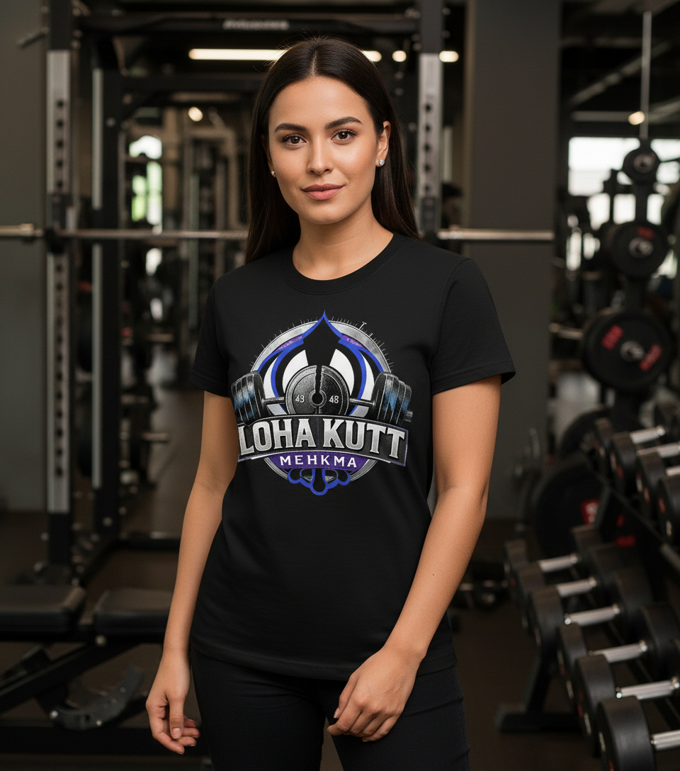 Loha Kutt Mehkma Khanda T-Shirt with Female Model in Gym