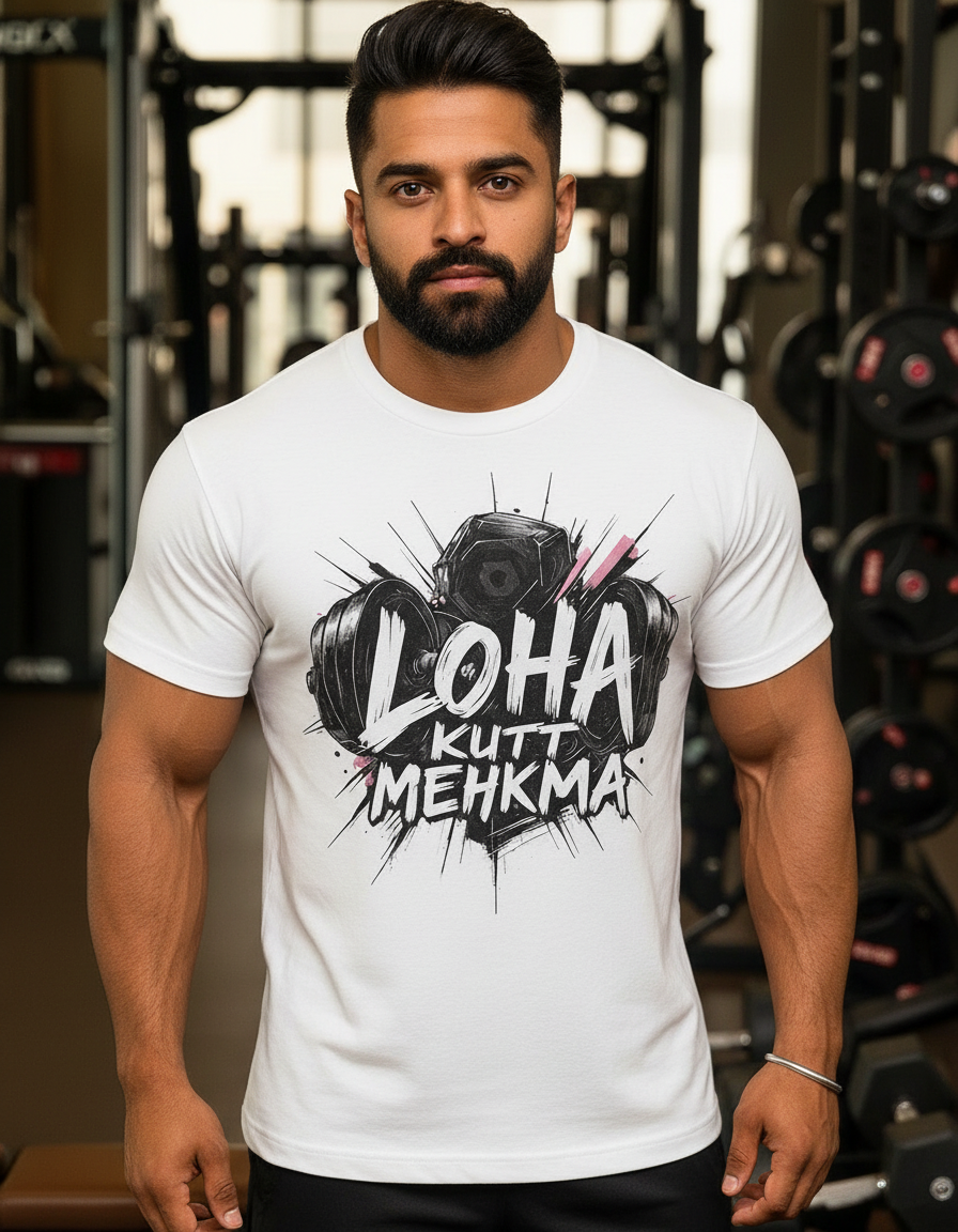 Loha Kutt Mehkma T-Shirt with Light-Skinned Athletic Punjabi Model