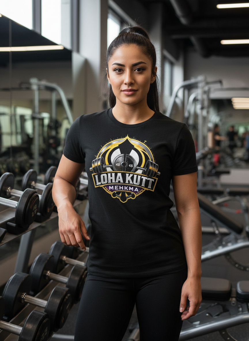 Loha Kutt Mehkma T-Shirt with Punjabi Female Model in Gym