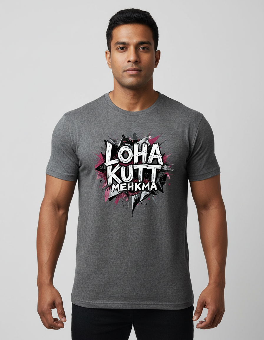 Muscular brown guy wearing gray Loha Kutt Mehkma shirt