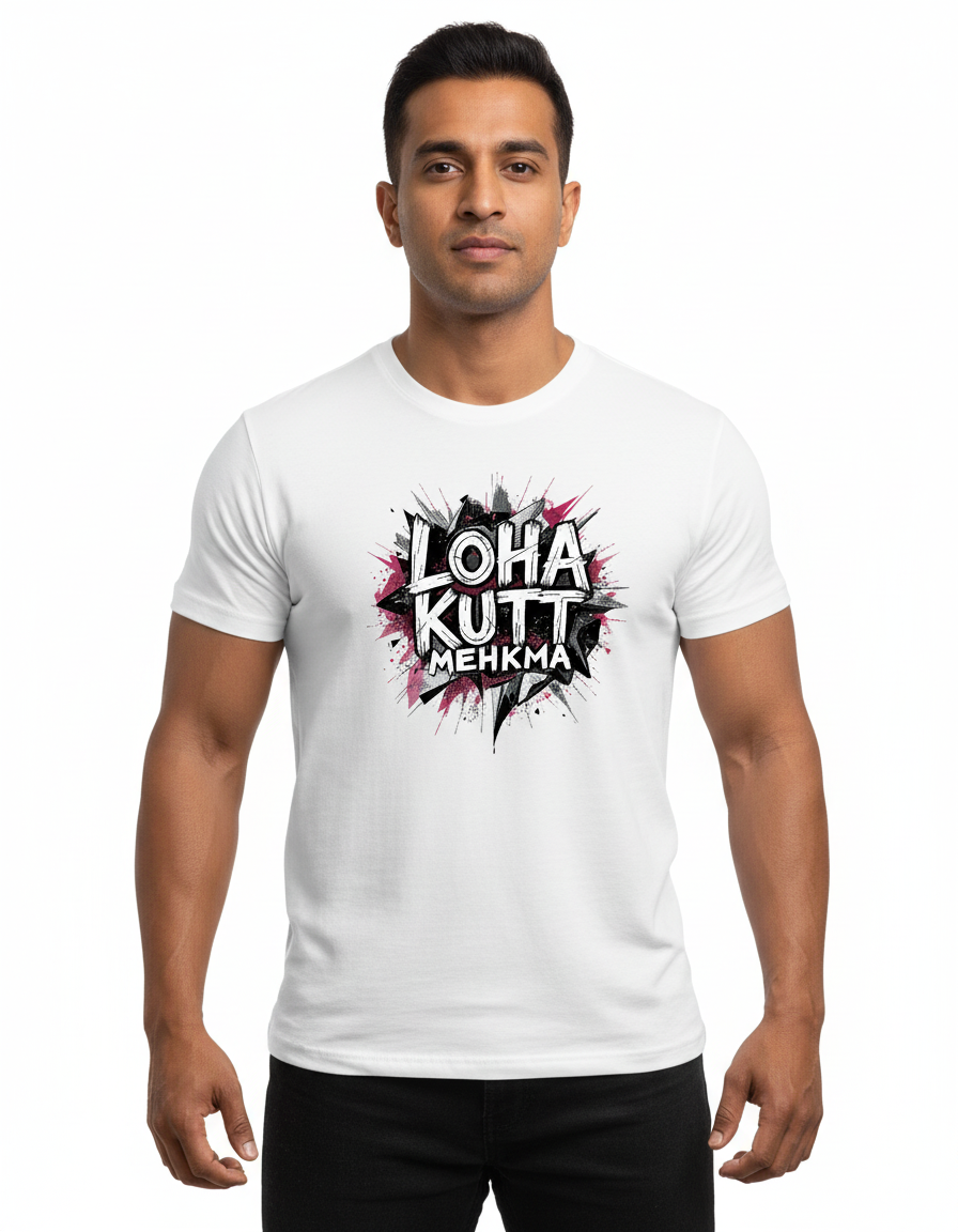 Muscular brown guy wearing white Loha Kutt Mehkma shirt