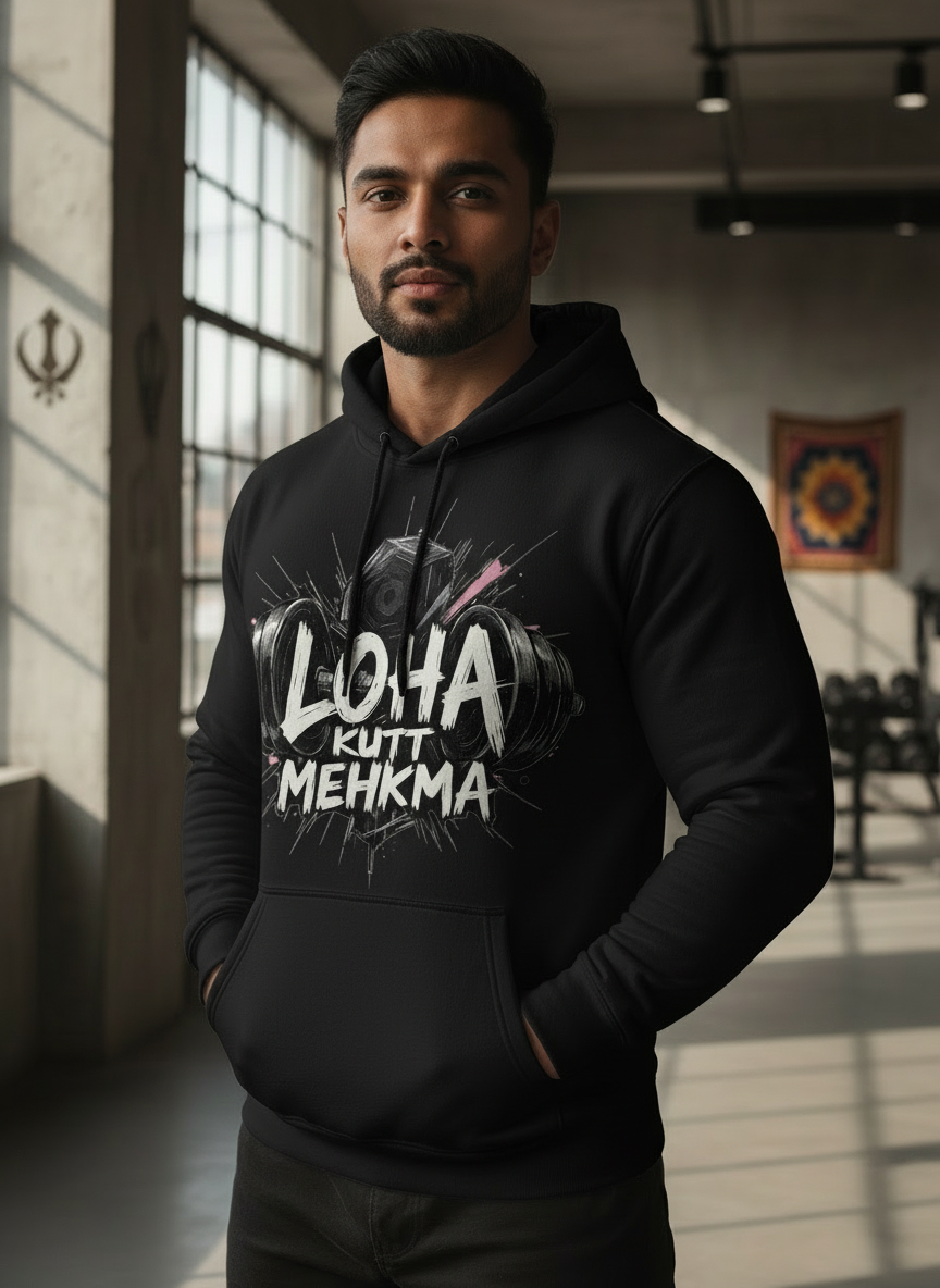 Muscular guy wearing black Loha Kutt Mehkma hoodie