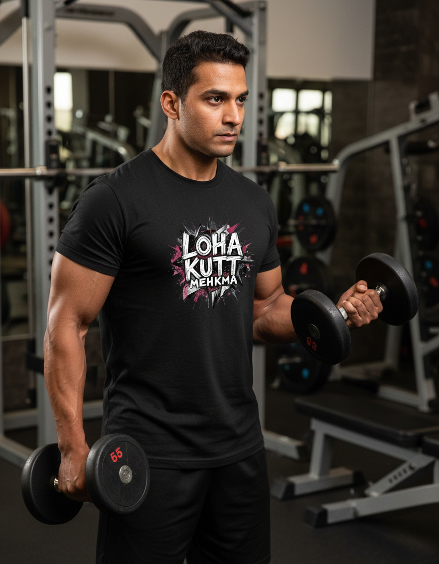 Muscular guy wearing Loha Kutt Mehkma shirt in gym