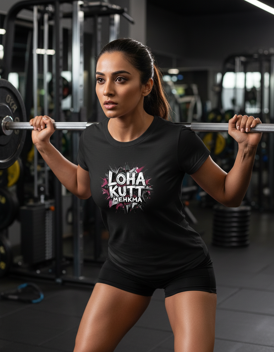 Pretty Punjabi girl wearing Loha Kutt Mehkma shirt in gym